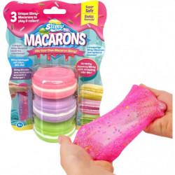 Drei Packungen bunte Slime-Macarons, jeweils mit einer Hand, die rosa glitzernden Slime dehnt.