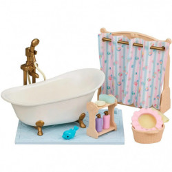 Sylvanian Families Bath & Shower Set mit Häschenfiguren in einer Spielzeug-Badewanne auf der Verpackung.