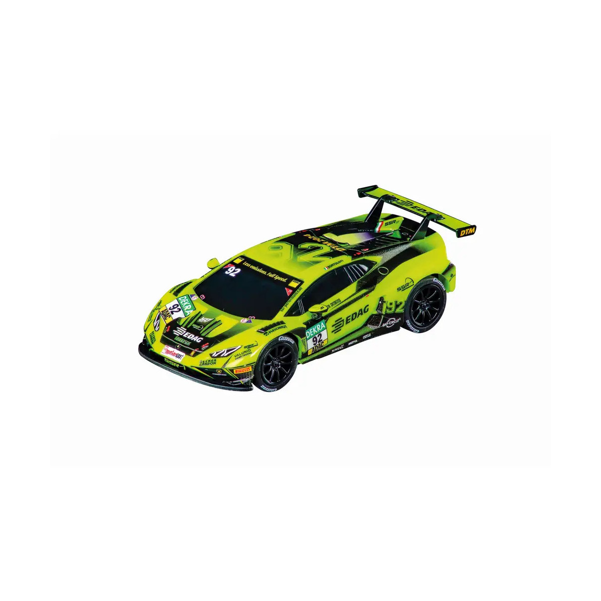 Grünes und schwarzes Rennauto-Spielzeug mit Aufklebern und großem Heckspoiler, schräg von oben betrachtet.