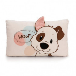 Rechteckiges Kissen mit Cartoon-Hundegesicht, „Woof!“-Aufschrift und pastellfarbenem Kreisdekor auf hellem Grund.