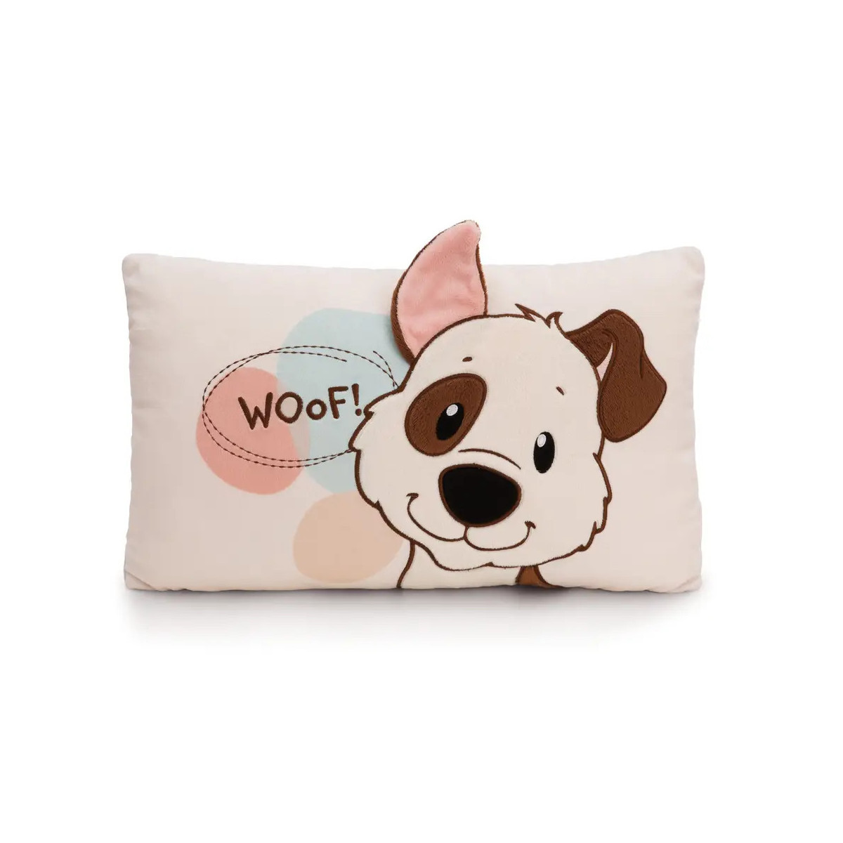 Rechteckiges Kissen mit Cartoon-Hundegesicht, „Woof!“-Aufschrift und pastellfarbenem Kreisdekor auf hellem Grund.