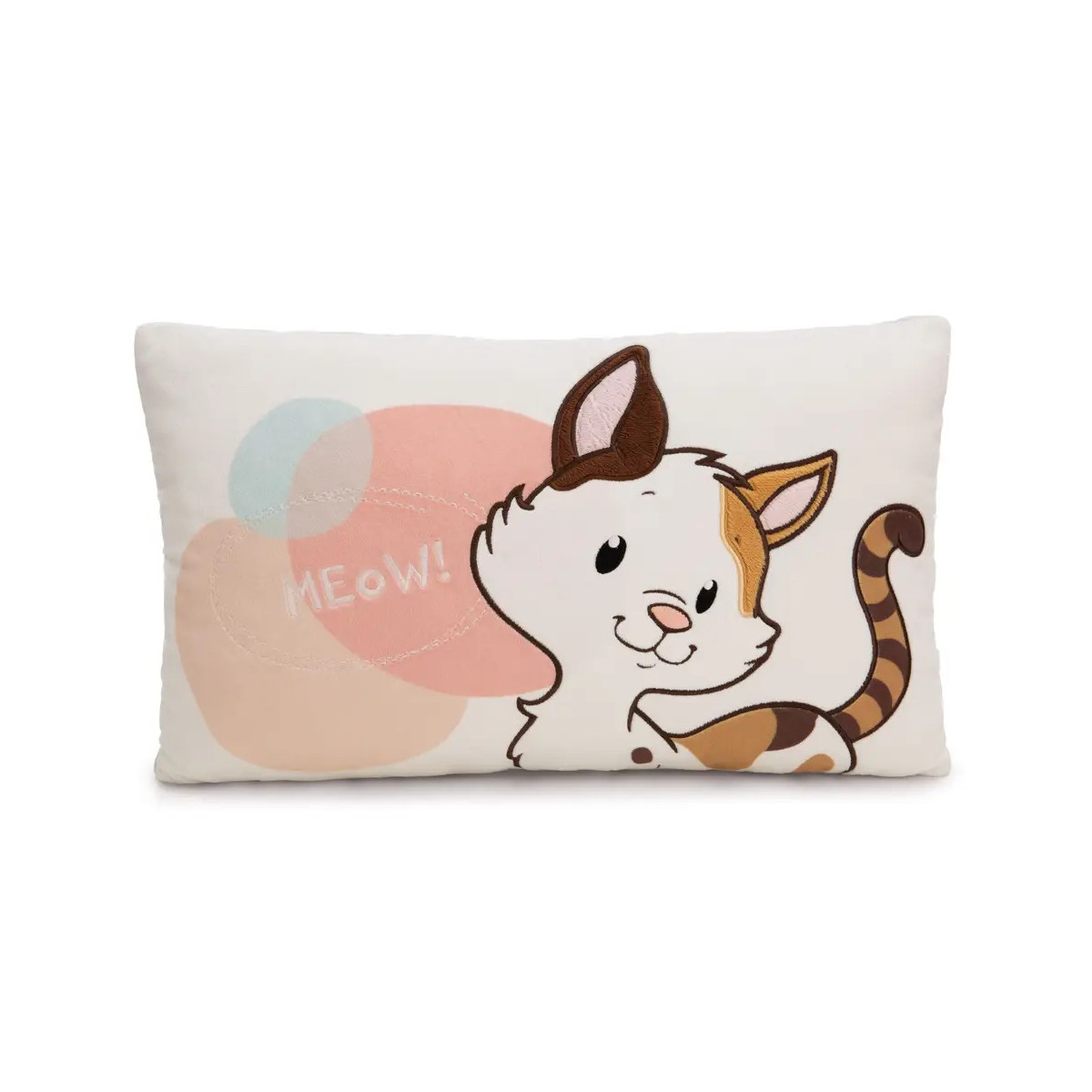 Rechteckiges Kissen mit niedlicher Cartoon-Katze, Sprechblase „MEOW!“ und pastellfarbenem Hintergrund.