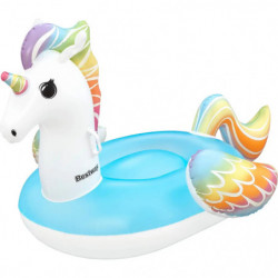 Aufblasbares Einhorn-Poolfloß mit Regenbogenmähne, Schweif, Flügeln und blauen.