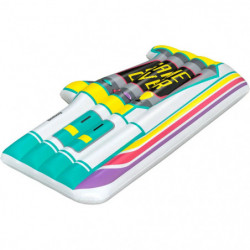 Buntes aufblasbares Pool-Float in Jet-Ski-Form mit Streifen und grafischen Mustern.