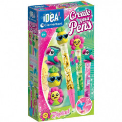 Bunte „Create Your Pens“ Tropical-Box mit drei verzierten Stiften und Tonfiguren auf der Verpackung.