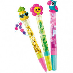 Bunte „Create Your Pens“ Tropical-Box mit drei verzierten Stiften und Tonfiguren auf der Verpackung.