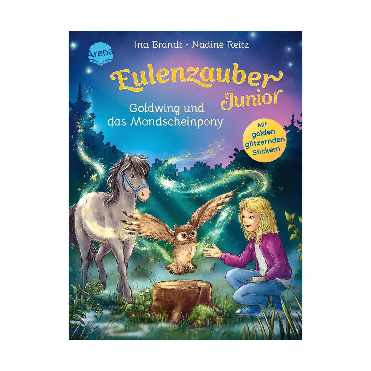 Mädchen, Pony und Eule mit leuchtenden Flügeln im magisch nächtlichen Wald. Deutsches Buchcover.