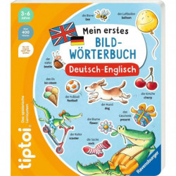 Deutsch-Englisches Bilderwörterbuch mit illustrierten Tieren und Gegenständen für Kinder von 3 bis 6 Jahren.