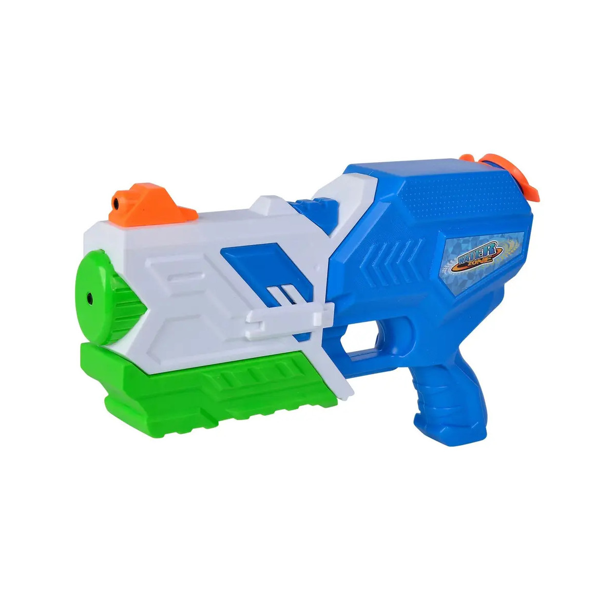Wasserpistole mit blau-weiß-grün-orangenen Akzenten, robustem Design und Abzuggriff.