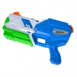 Wasserpistole mit blau-weiß-grün-orangenen Akzenten, robustem Design und Abzuggriff.