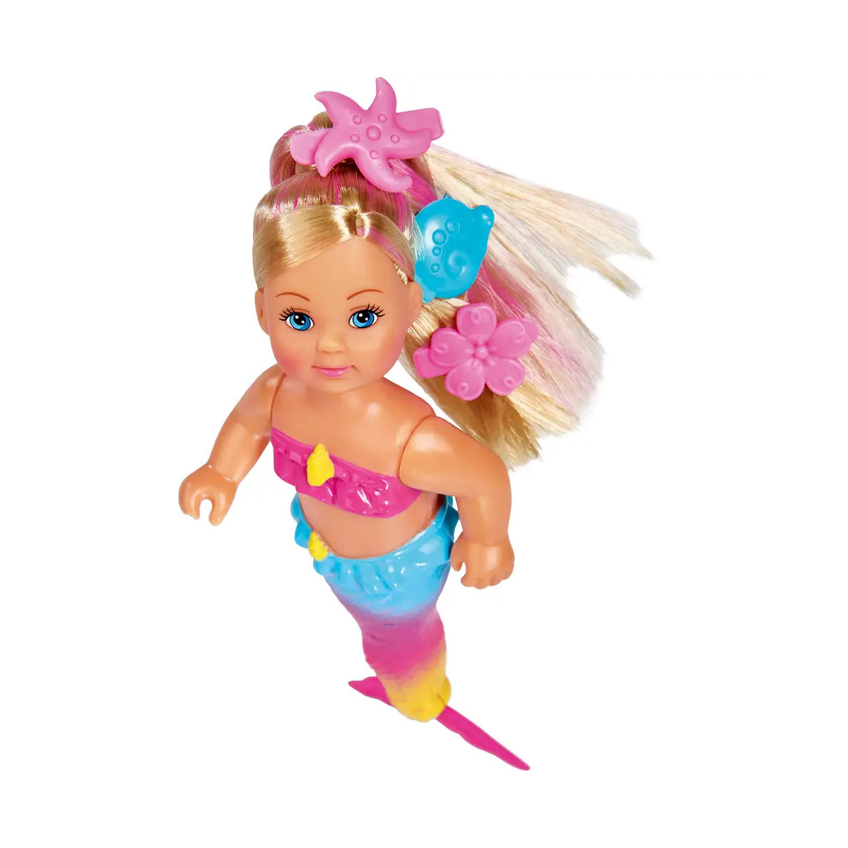 Blonde Meerjungfrauenpuppe mit blauen Augen, bunter Flosse und rosa meeresbezogenen Haar-Accessoires.