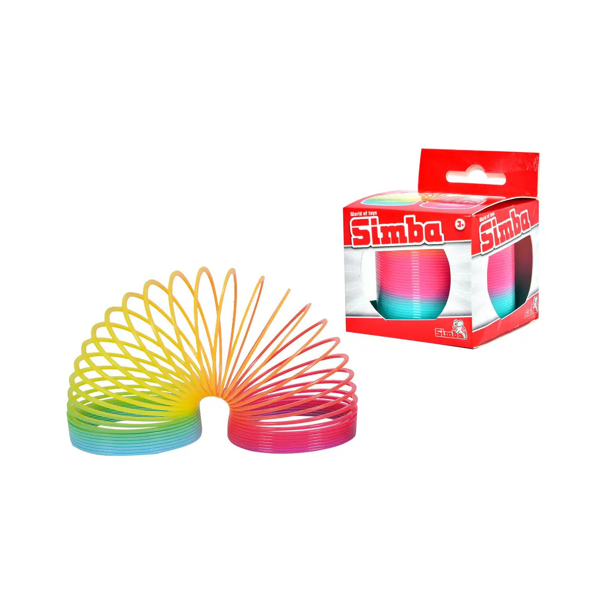 Bunte Plastik-Federspirale neben rot-weißer Simba-Markenverpackung.