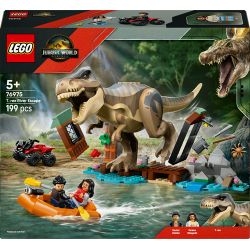 LEGO Jurassic World Set mit Dinosauriern und zwei Minifiguren in einer Flussszene.