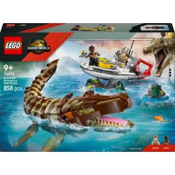 LEGO Jurassic World Set mit großem Dinosaurier, Boot, Minifiguren und 658 Teilen.