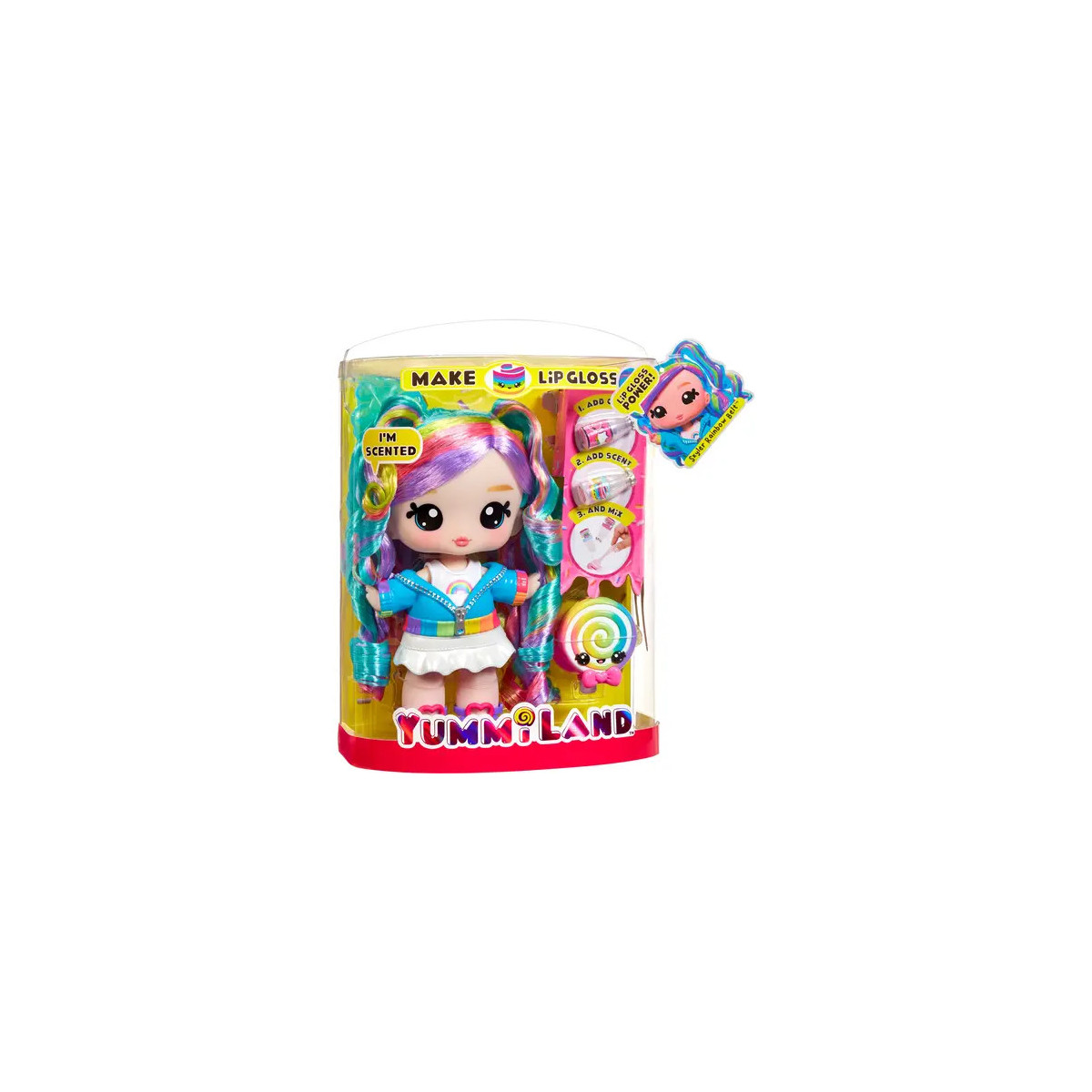 Yummiland-Puppe in bunter Verpackung mit Zubehör und Set zum Selbermachen von Lipgloss.