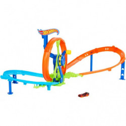 Buntes Hot Wheels-Set mit Loopings und kleinem Spielauto in der Nähe.