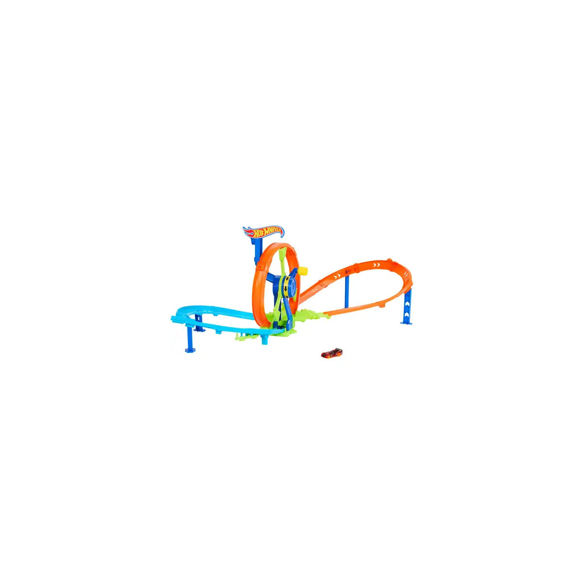 Buntes Hot Wheels-Set mit Loopings und kleinem Spielauto in der Nähe.