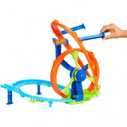 Buntes Hot Wheels-Set mit Loopings und kleinem Spielauto in der Nähe.