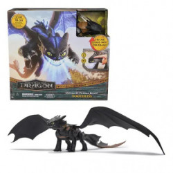 Drachenfigur vor einer „Drachenzähmen leicht gemacht 3“-Spielzeugbox auf weißem Hintergrund.