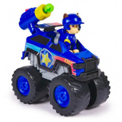 Blaues Spielzeug-Polizeifahrzeug mit großen Rädern, gelb-blauem Werfer und Fahrerfigur.