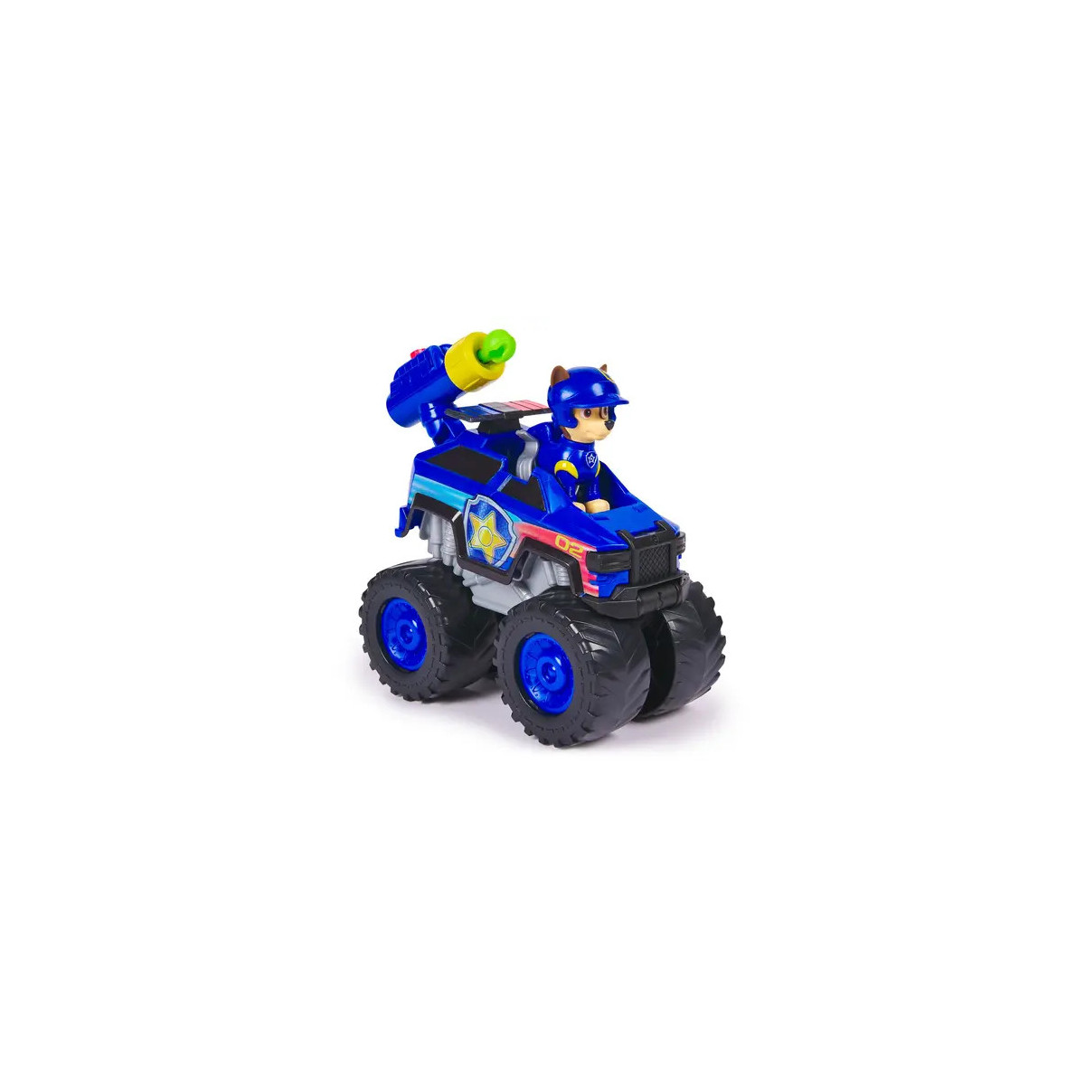 Blaues Spielzeug-Polizeifahrzeug mit großen Rädern, gelb-blauem Werfer und Fahrerfigur.