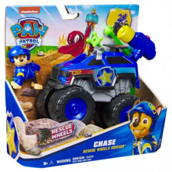 Blaues Spielzeug-Polizeifahrzeug mit großen Rädern, gelb-blauem Werfer und Fahrerfigur.