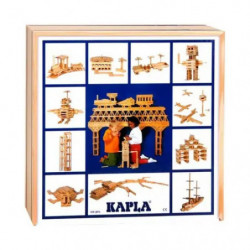 Kapla-Holzbausteine in Box mit Abbildungen möglicher Bauwerke auf der Vorderseite.