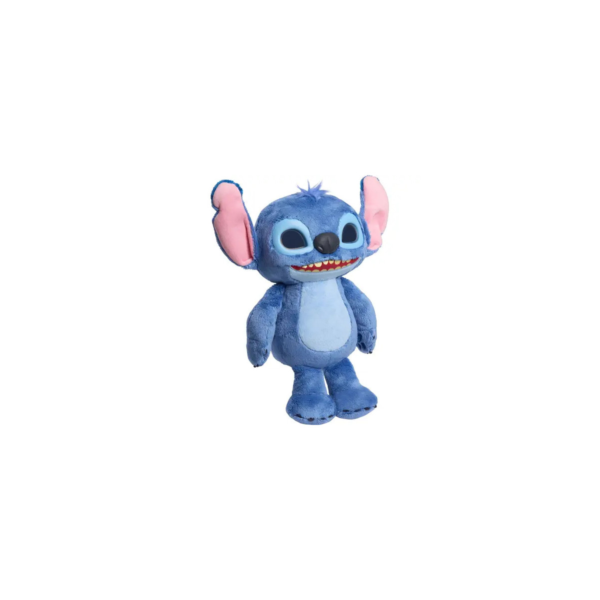 Blaues Stofftier, ähnlich Stitch aus Disneys Lilo & Stitch, mit großen Ohren und breitem Lächeln.