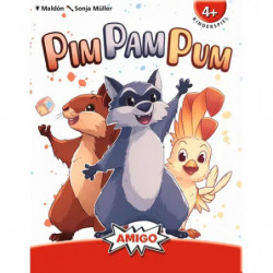 Illustration von Waschbär, Frettchen und Vogel auf bunter Pin Pam Pum-Spielbox für Kinder ab 4 Jahren.
