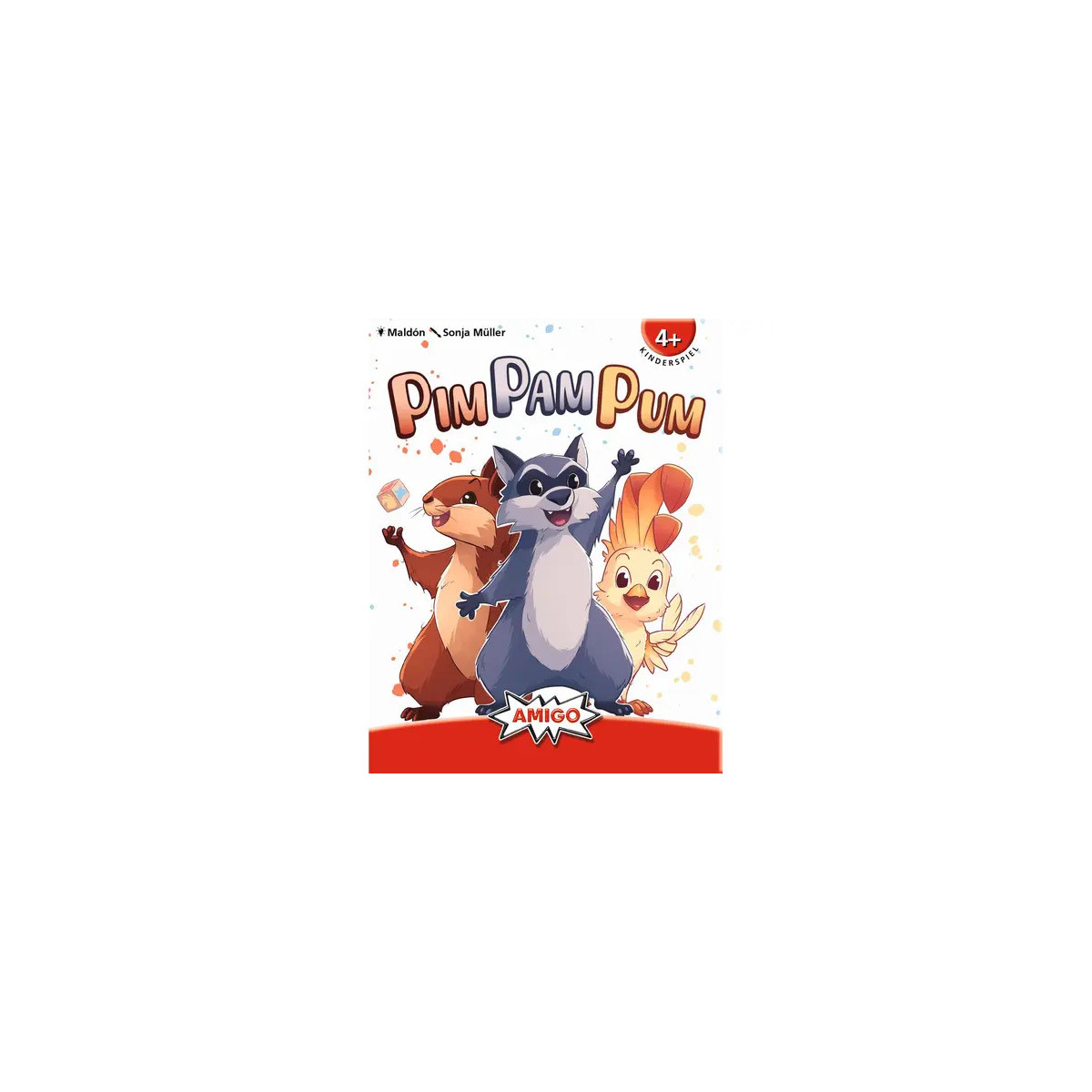 Illustration von Waschbär, Frettchen und Vogel auf bunter Pin Pam Pum-Spielbox für Kinder ab 4 Jahren.