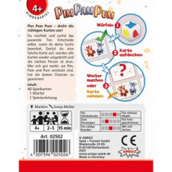 Illustration von Waschbär, Frettchen und Vogel auf bunter Pin Pam Pum-Spielbox für Kinder ab 4 Jahren.