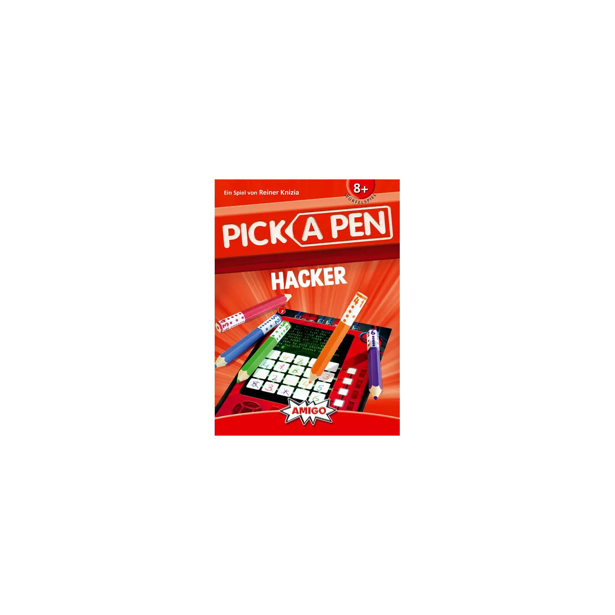 Brettspiel-Box „Pick a Pen: Hacker“ mit bunten Stiften und Spielblatt auf rotem Hintergrund.