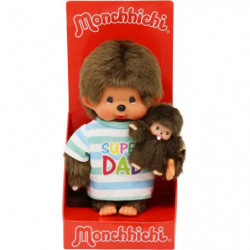 Plüsch-Monchhichi im Karton mit „Super Dad“-Shirt und kleinem braunen Affen-Spielzeug.