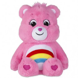 Rosa Teddybär-Plüschtier mit Regenbogen am Bauch und Herzen an den Füßen, sitzend.