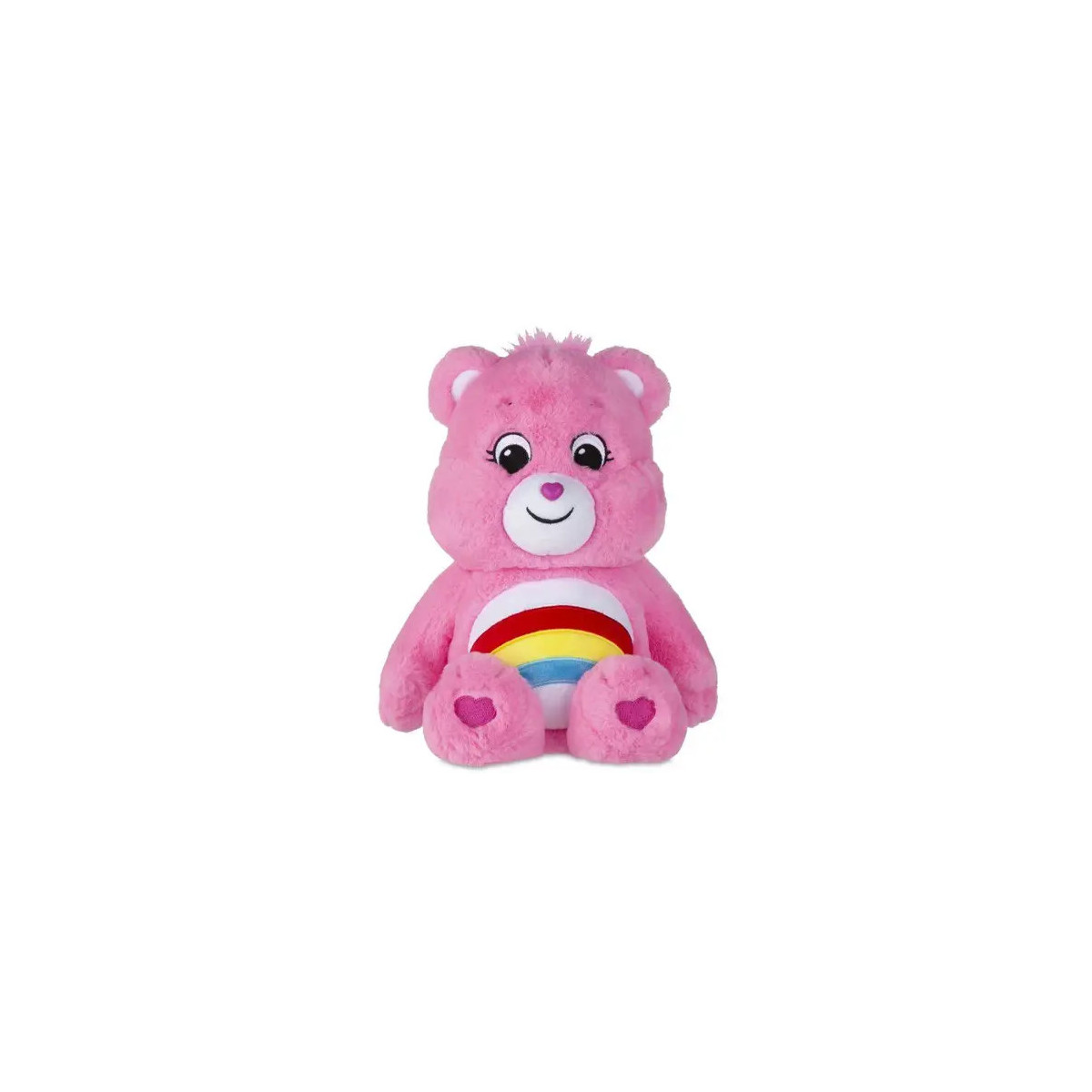 Rosa Teddybär-Plüschtier mit Regenbogen am Bauch und Herzen an den Füßen, sitzend.