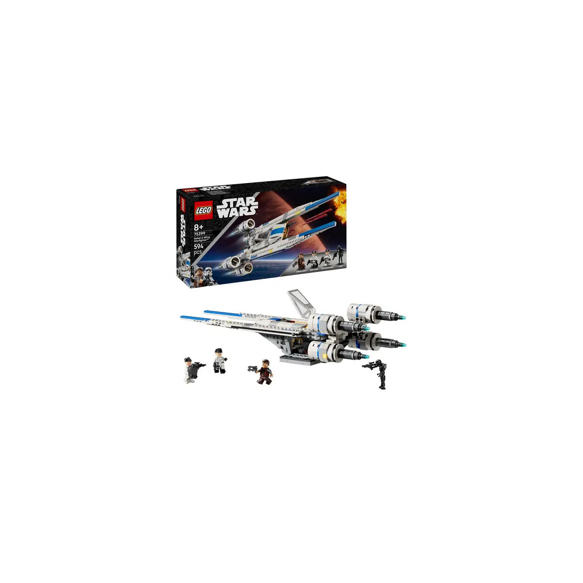 LEGO Star Wars Set mit Raumschiff, vier Minifiguren und Box mit Abbildung des Modells und der Figuren.