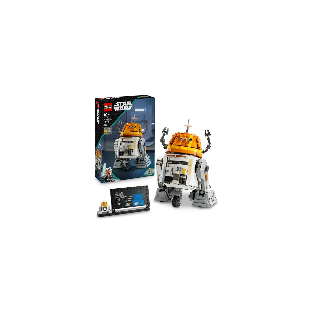 LEGO Star Wars Chopper-Droid mit Schautafel und Set-Box im Hintergrund.