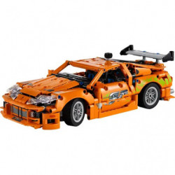 LEGO Technic oranges Sportwagen-Modell, inspiriert von Fast & Furious, mit Verpackung im Hintergrund.