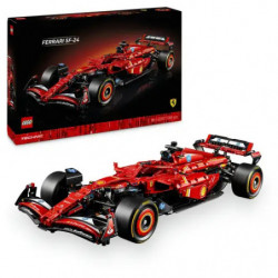 LEGO Ferrari F1 Rennwagen vor Verpackung auf weißem Hintergrund ausgestellt.
