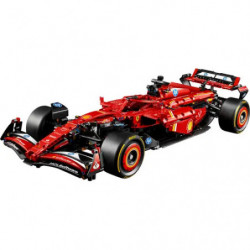 LEGO Ferrari F1 Rennwagen vor Verpackung auf weißem Hintergrund ausgestellt.