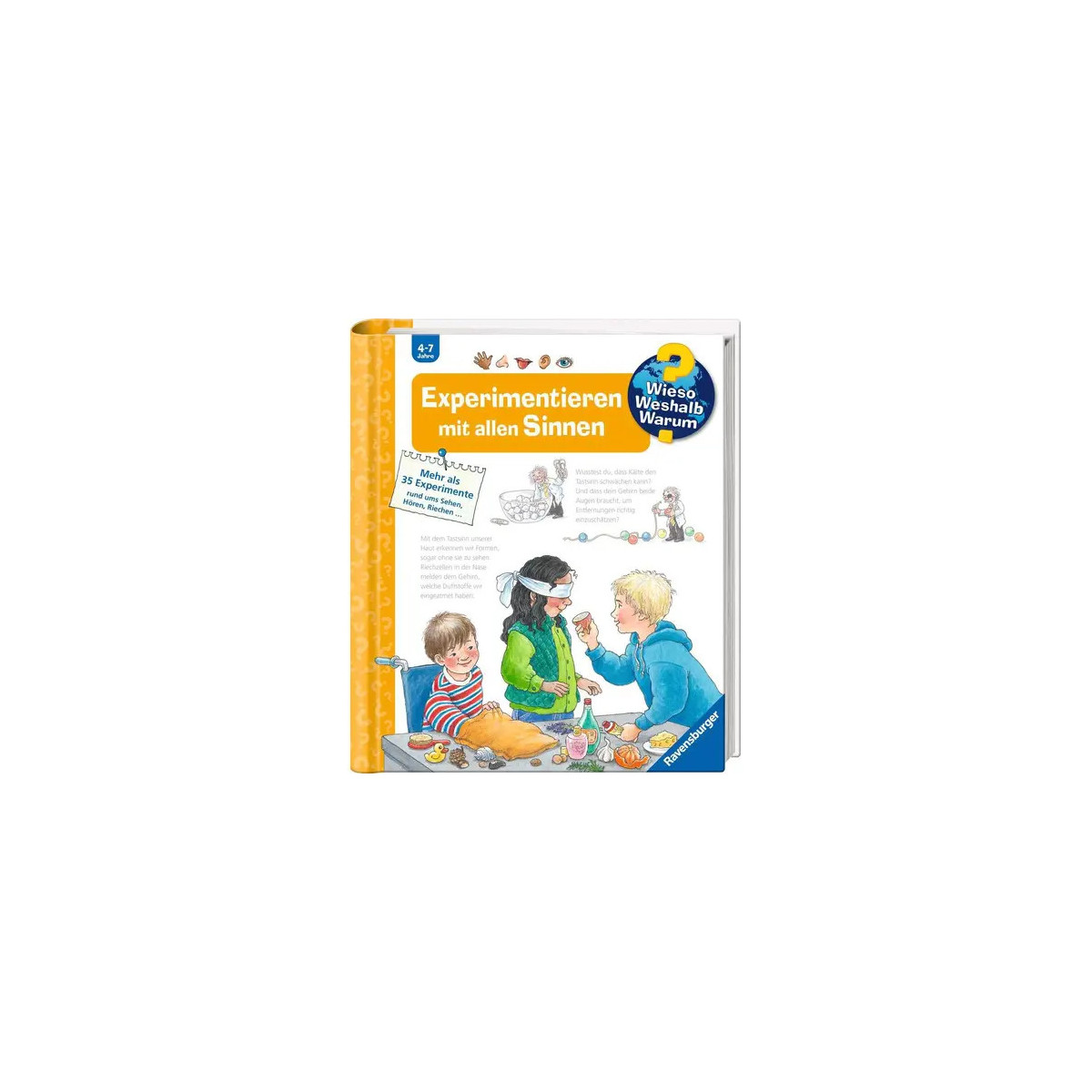 Kinder führen Experimente auf dem Cover des deutschen Buchs „Experimentieren mit allen Sinnen“ durch.