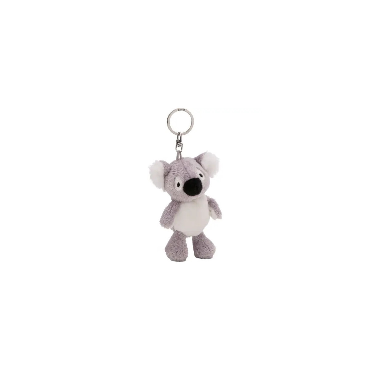 Plüsch-Koala-Schlüsselanhänger mit grauem Fell und weißem Bauch hängt an einem Metallring vor weißem Hintergrund.