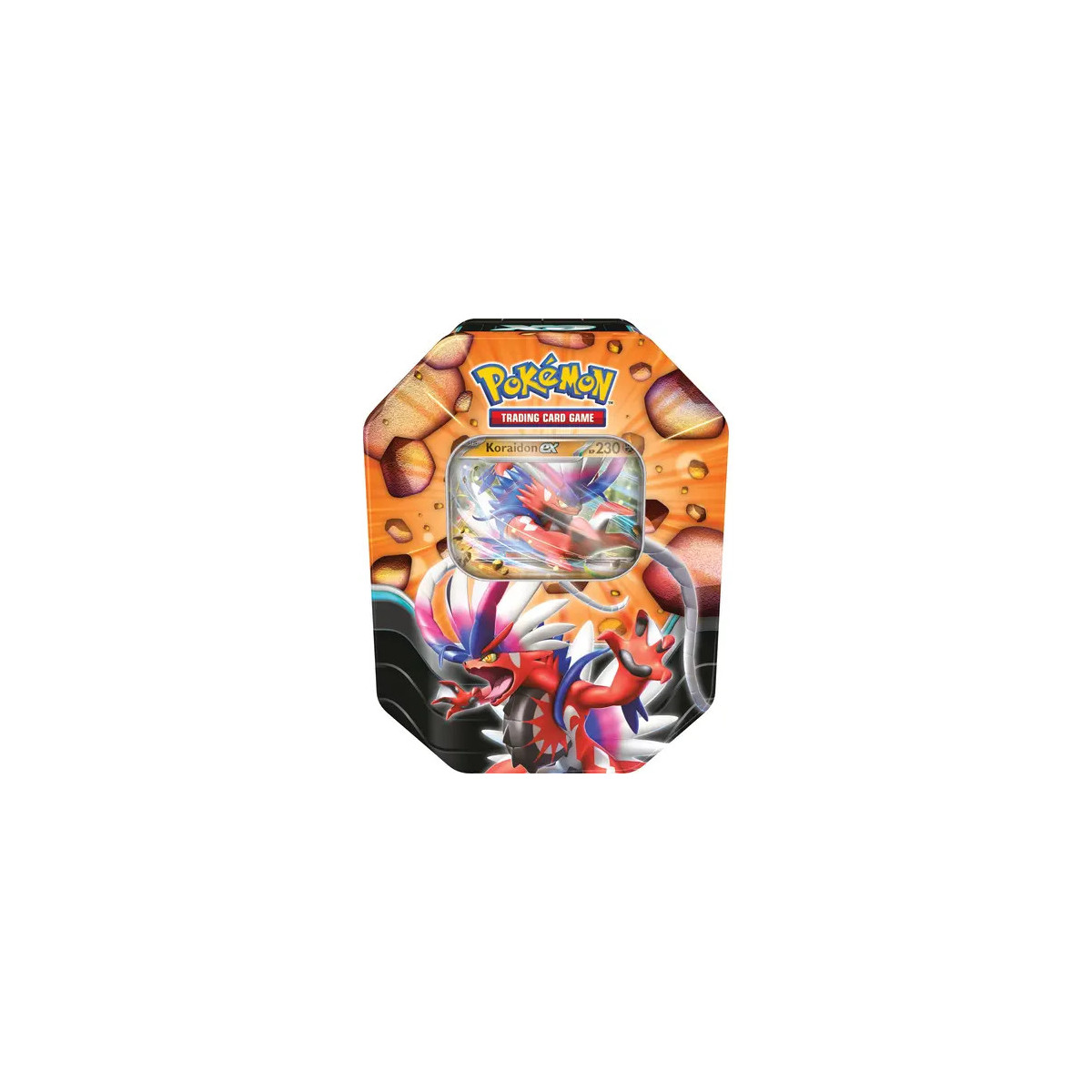Pokémon-Sammelkarten-Tin mit Koraidon und Miraidon auf der Vorderseite samt farbenfroher Gestaltung.