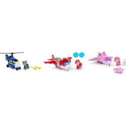 Drei Spielzeugfahrzeuge mit kleinen Tierfiguren, darunter ein Hubschrauber und zwei Flugzeuge, auf weißem Hintergrund.