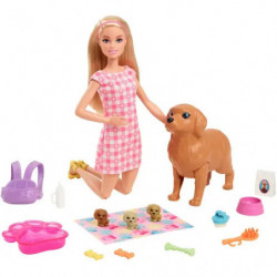 Barbie in rosa kariertem Kleid mit hellem Hund und verschiedenen Haustierzubehörteilen.