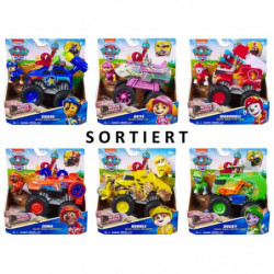 Sechs verschiedene Paw Patrol Fahrzeuge in bunter Verpackung, präsentiert in zwei Reihen.