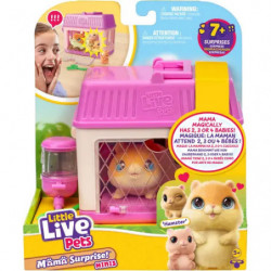 Little Live Pets Set: rosafarbenes Haustierhaus, zwei Spielzeugtiere, bunte Verpackung mit Kindermotiv.