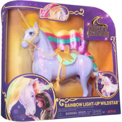 Spielzeug-Einhorn mit Regenbogenmähne „Rainbow Light-Up Wildstar“ von Star Stable in lilafarbener Verpackung.