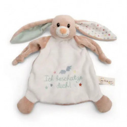 img_0:Weiches Kuscheltier-Häschen mit langen Ohren und „Ich beschütze dich!“ auf dem Bauch bestickt.