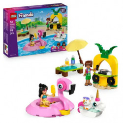 LEGO Friends Strandset mit Figuren, pinkem Flamingo-Schwimmtier und Zubehör neben der Verpackung.